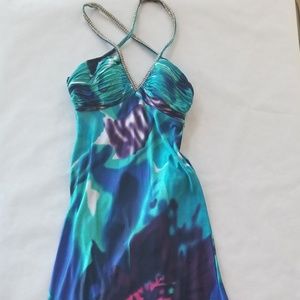 Turquoise blue prom dress, diamond trim